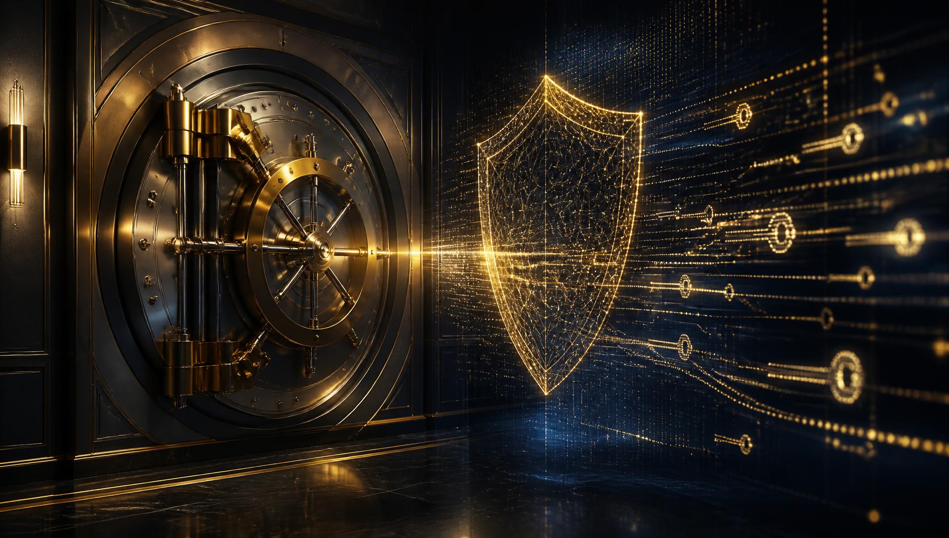 Secure vault door with digital shield lattice representing institutional custody