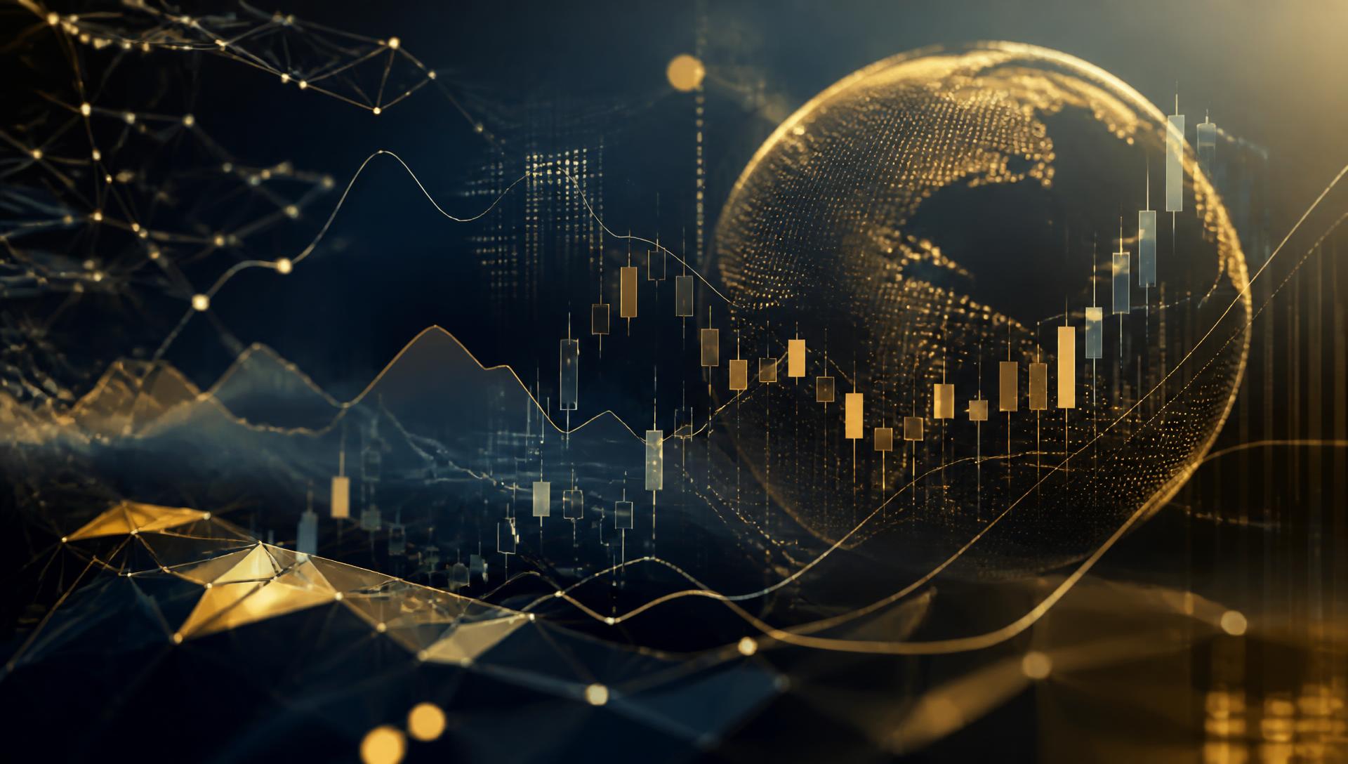 Layered market charts and candlestick data representing multi-strategy investing